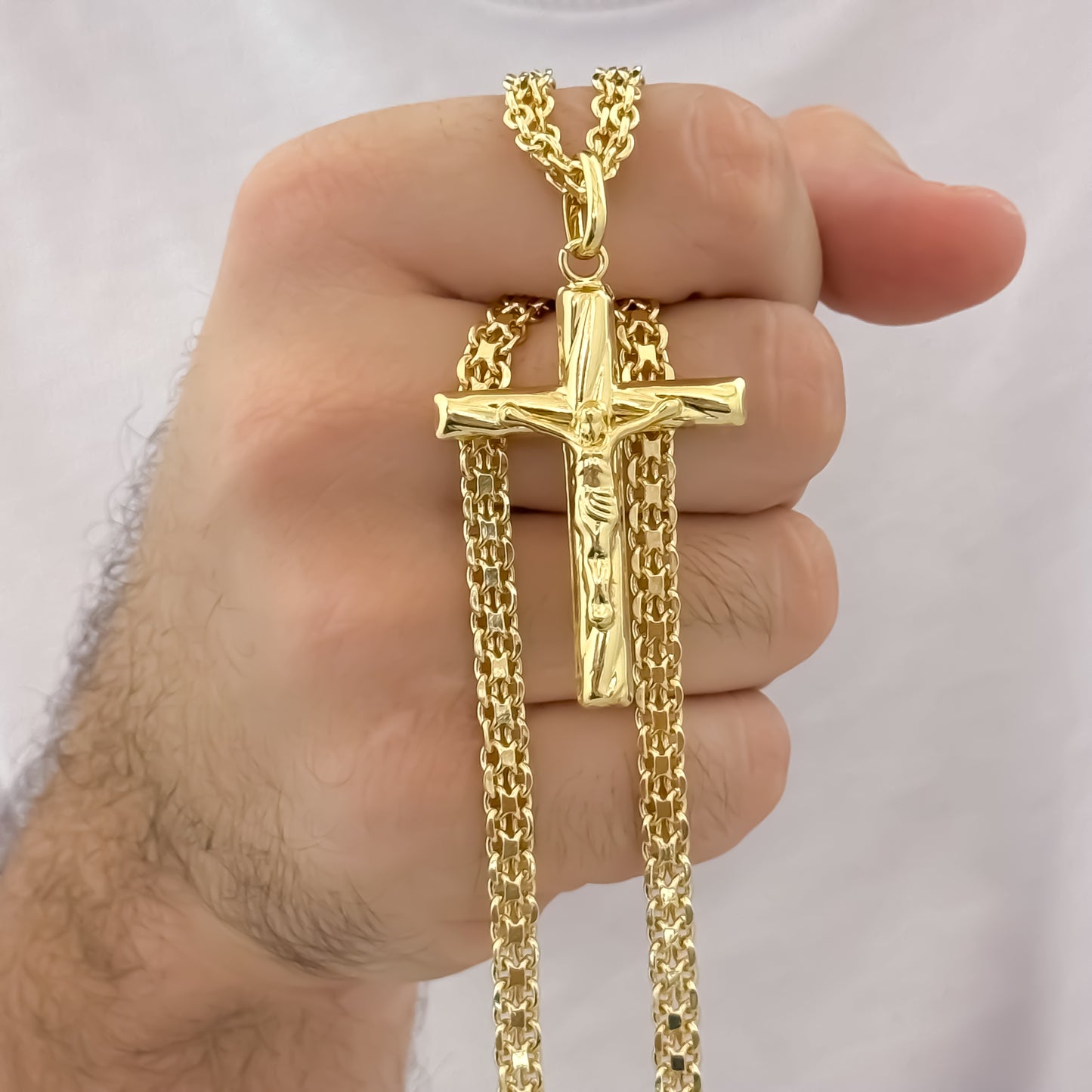 Cadena Tejido Chino Grueso de Hombre de 60cm de 5mm de Grosor + Cruz Cristo madero en Oro Laminado 18k con garantia de por vida