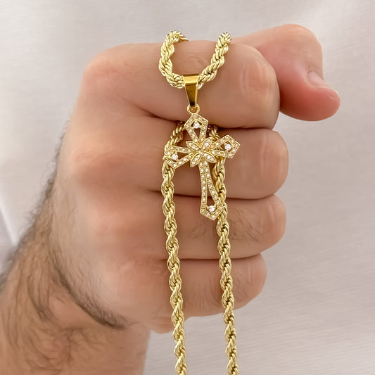 Cadena Lazo de Hombre Grueso de 60cm de 5mm de Grosor + Cristo Trebol con micro circones en Oro Laminado 18k con garantia de por vida